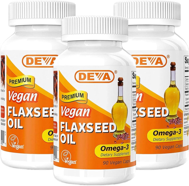 DEVA Premium Vegan Flaxseed Oil 500mg - 90 Vegan Capsules, 3 Pack - Image 1